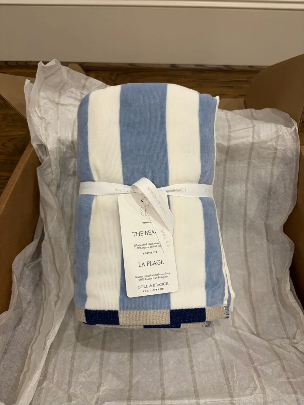 Boll & Branch Hydrangea Harbor Stripe beach towel 🏝️